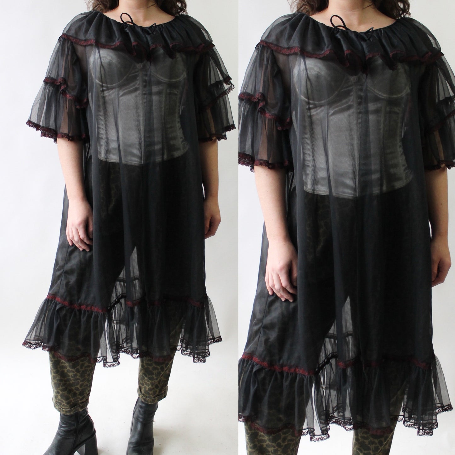 60s Sheer Black Robe with Lots of Ruffles