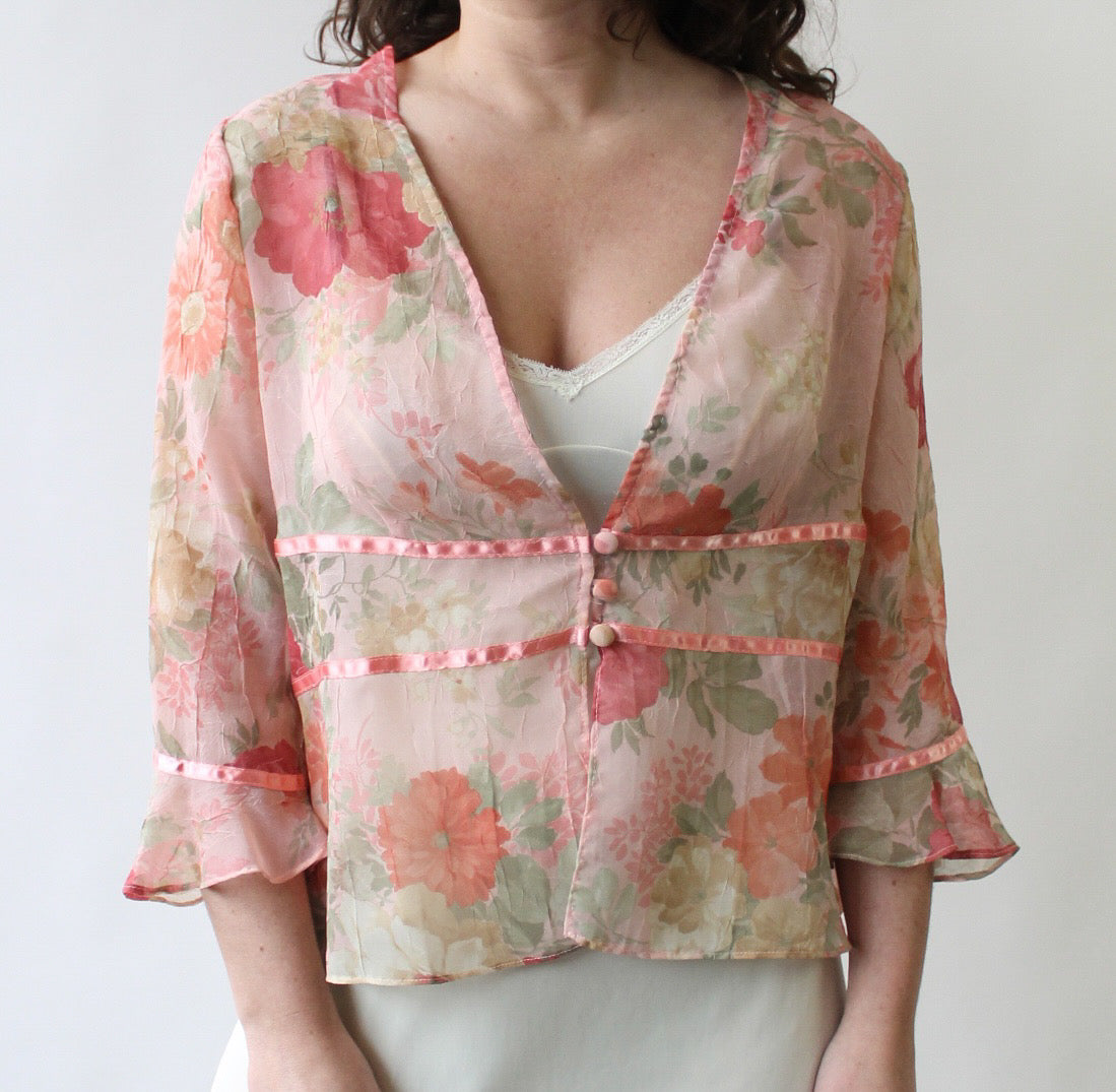 90s Sheer Crinkle Floral Top