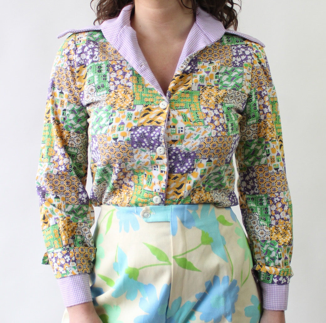 70s Patchwork & Gingham Print Button Up Top