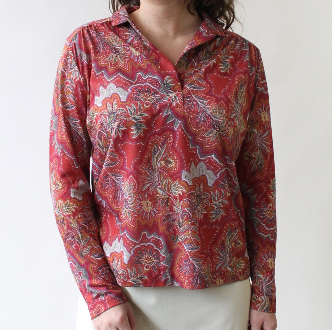 80s Paisley Long Sleeve Top with Collar