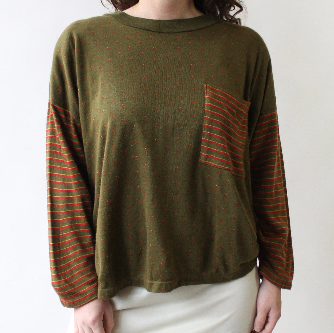 80s Olive Boxy Top with Stripes and Designs