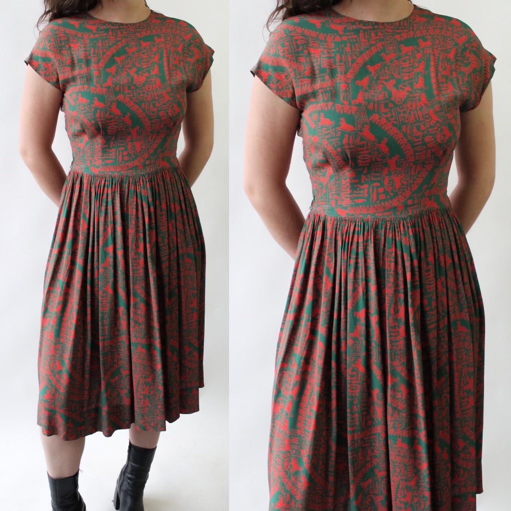 40s Egyptian Revival Print Rayon Dress