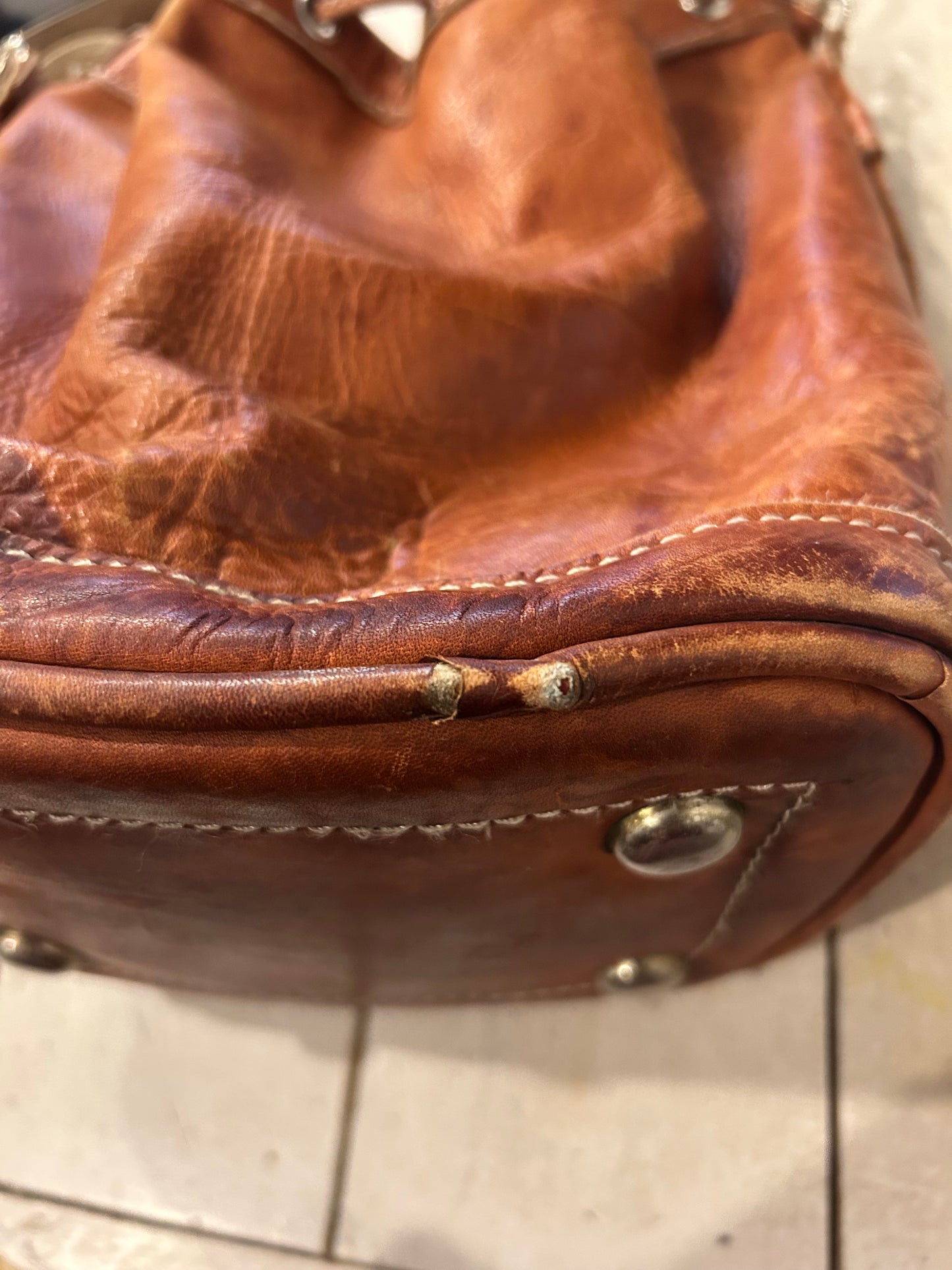VIntage Distressed Leather Bucket Bag