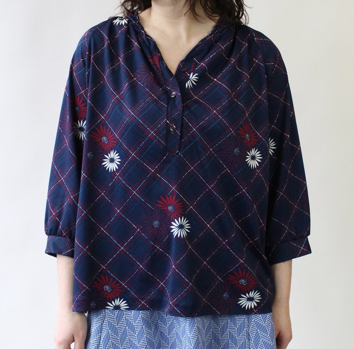 70s Plaid Daisies Poly Top