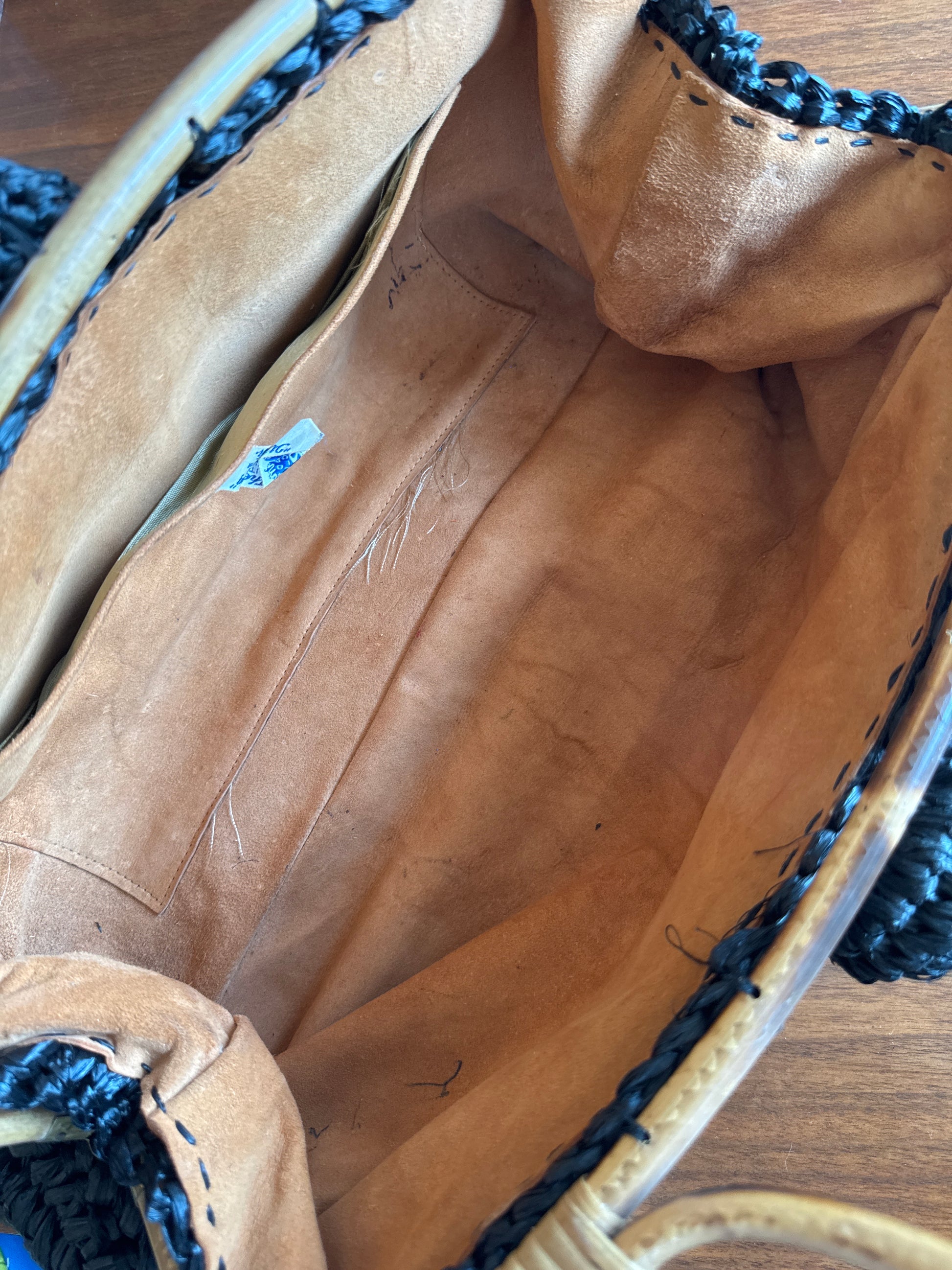 50s Italian Made Large Raffia Bag with Wooden Handles