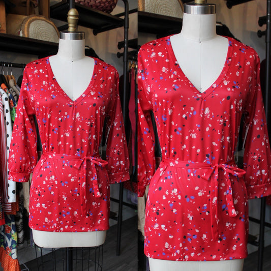 80s Deadstock Magenta Floral Top with Tie