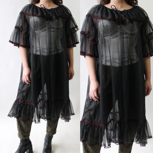 60s Sheer Black Robe with Lots of Ruffles