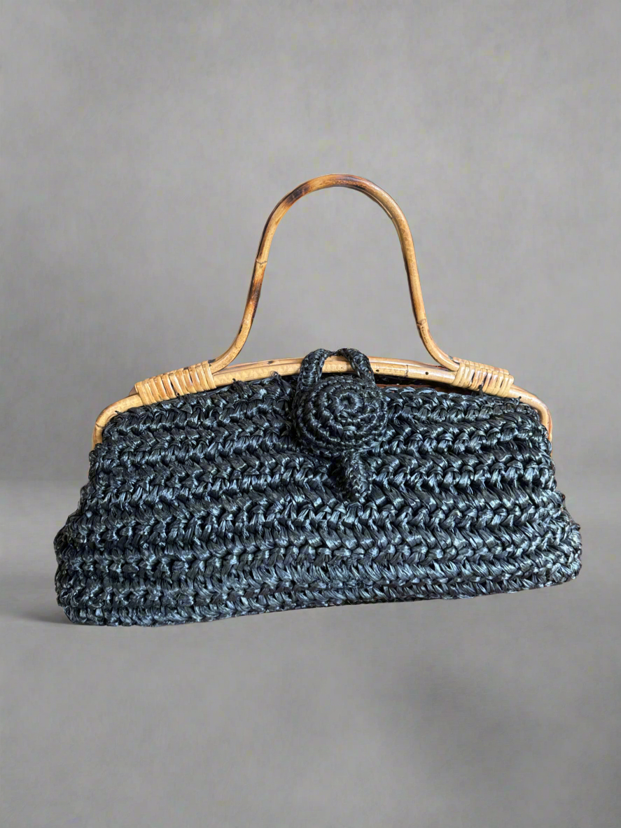 50s Italian Made Large Raffia Bag with Wooden Handles