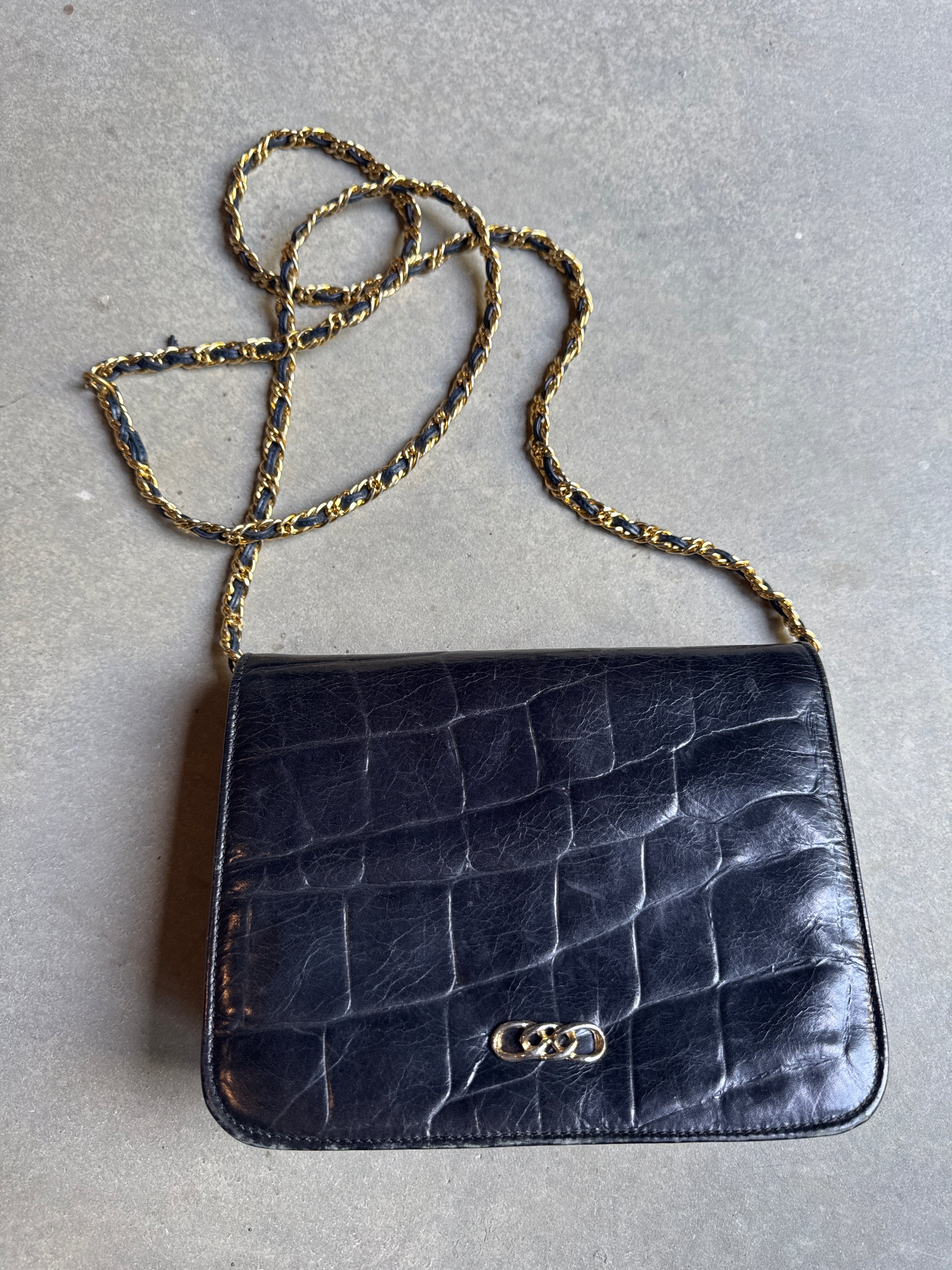 80s Black Embossed Leather Purse with Gold Chain Strap