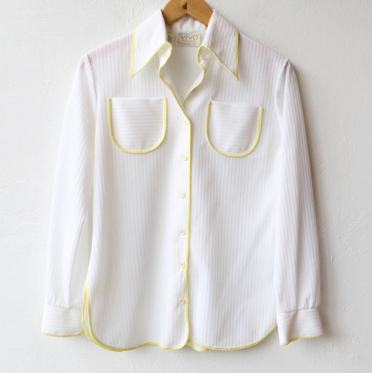 60s White Poly Button Up with Yellow Trim