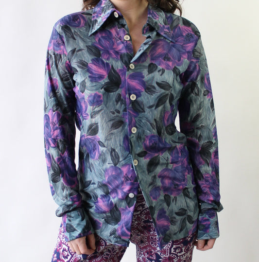 70s Disco Shirt with Purple Flower Print