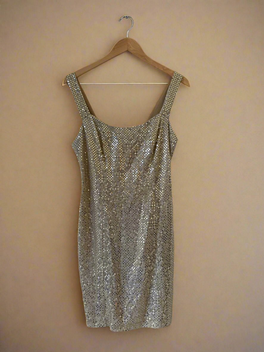 90s Gold Metallic Square Neck Party Dress