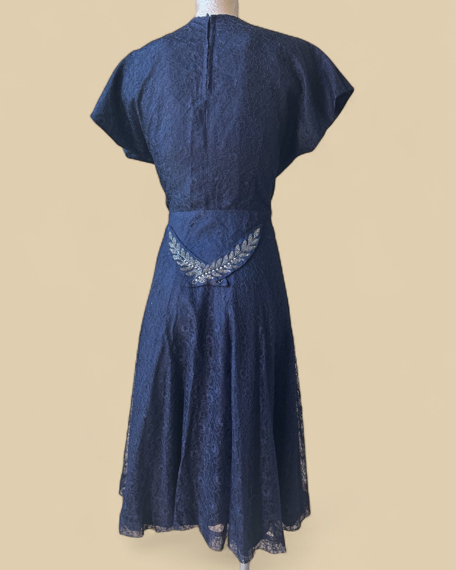 50s Handmade Navy Lace Dress with Beaded Embellishment