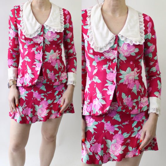 70s Pink Roses Poly Set with Mini Skirt