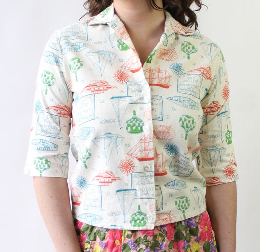 60s Ships in the Harbor Novelty Print Top