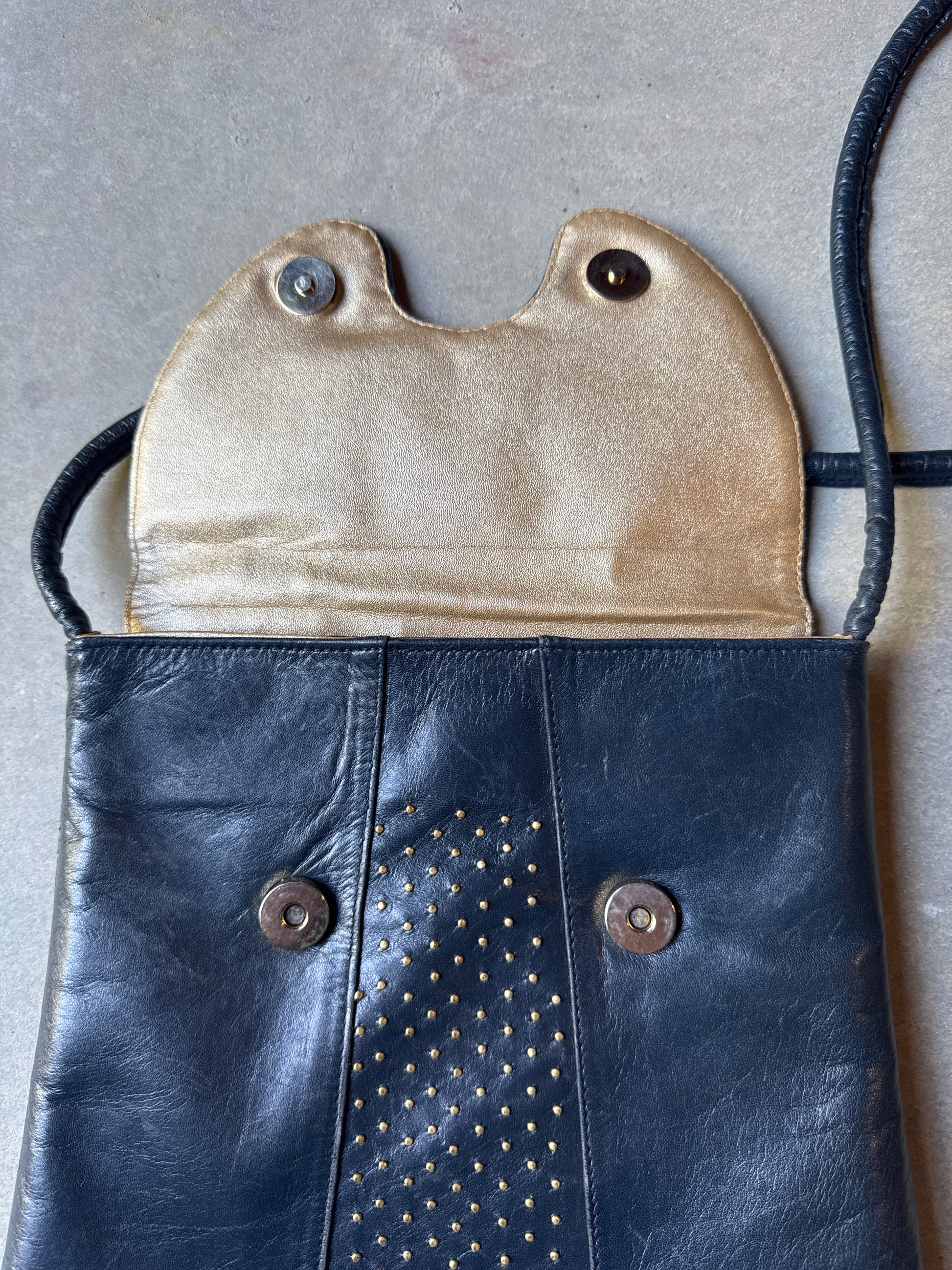 80s Studded Navy Blue Leather Shoulder Bag