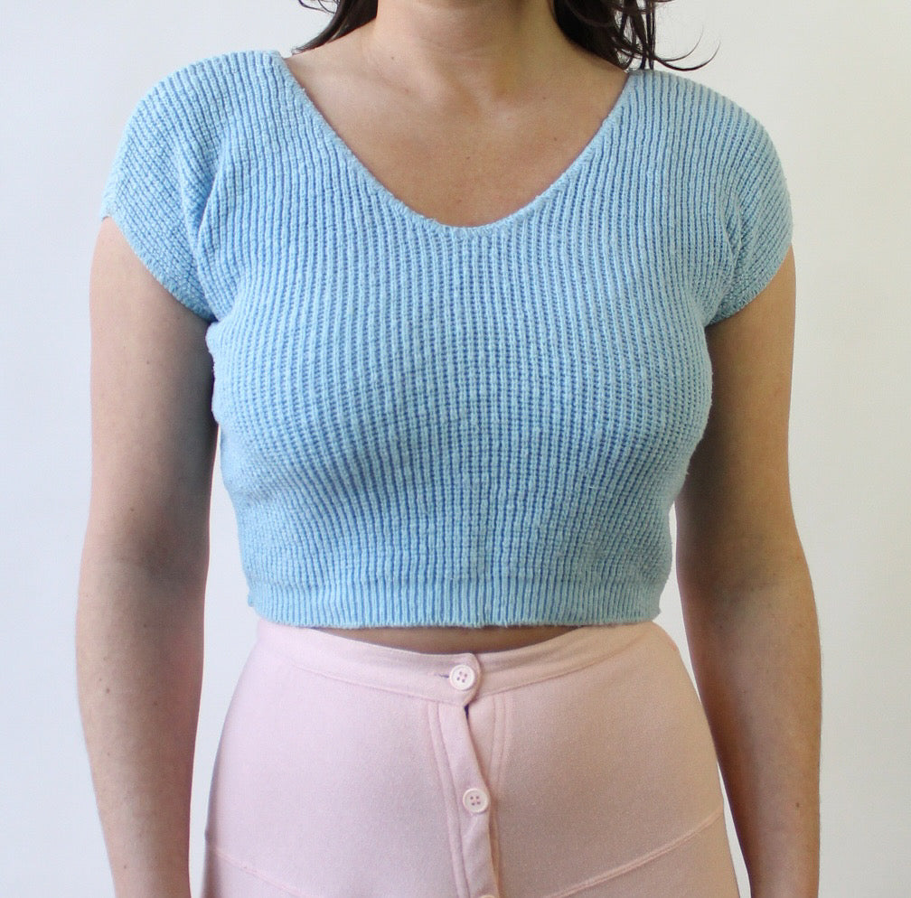 80s Sky Blue Cropped Ribbed Top