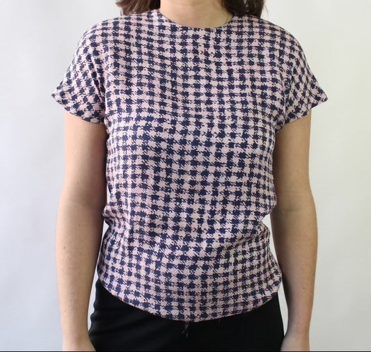 80s Pink and Blue Silk Houndstooth Blouse