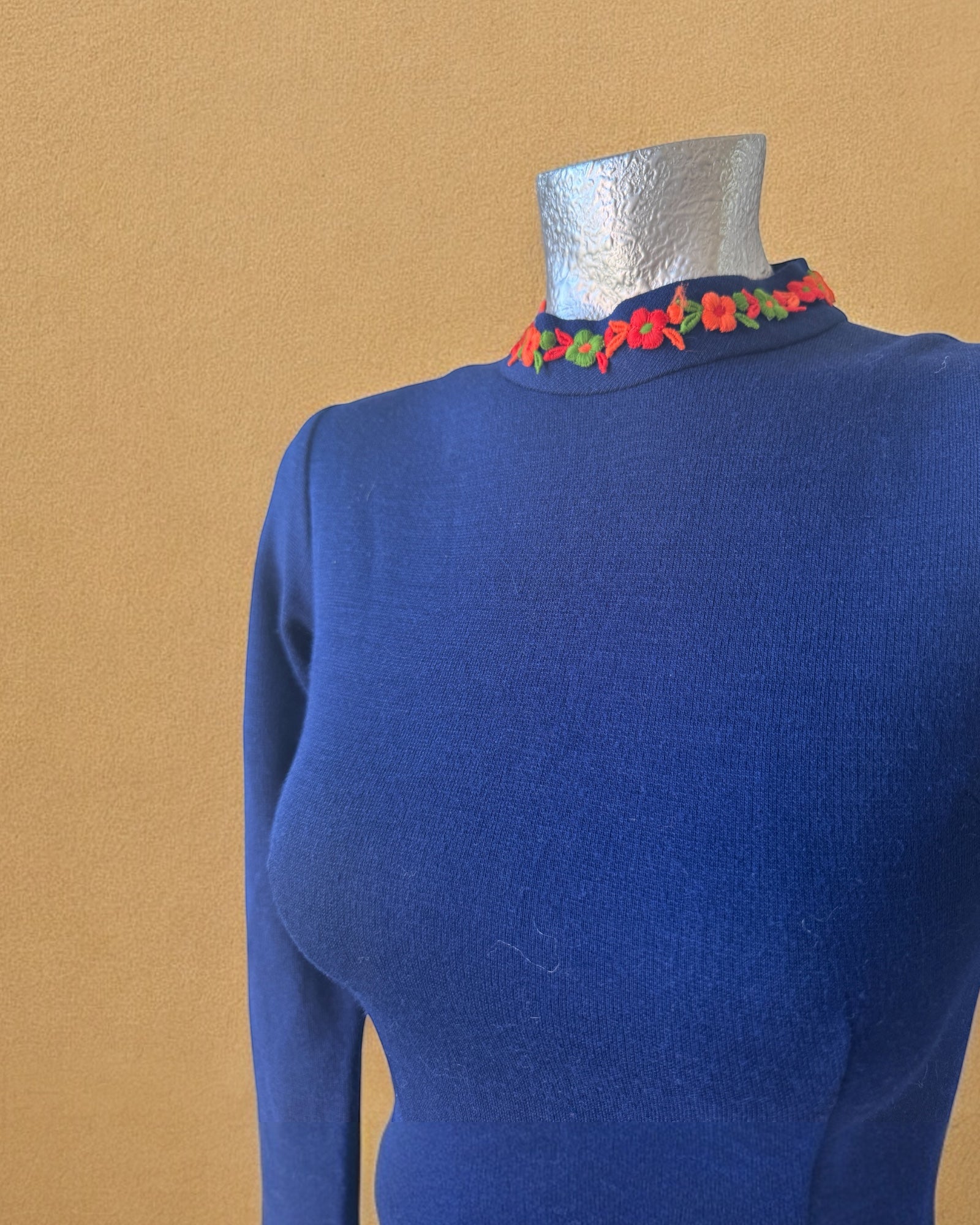 60s Handmade Fall Mini Dress with Flower Trim