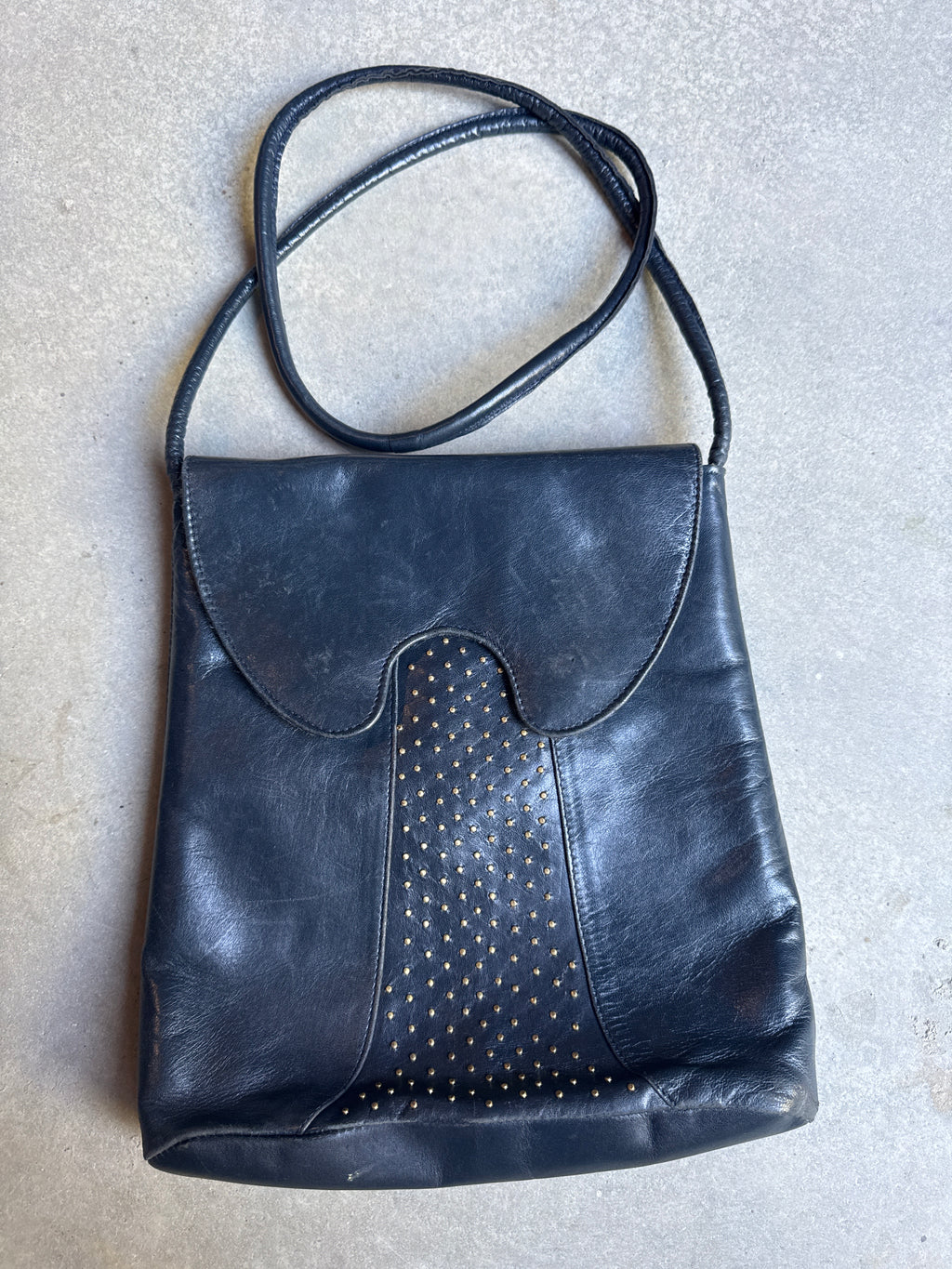 80s Studded Navy Blue Leather Shoulder Bag