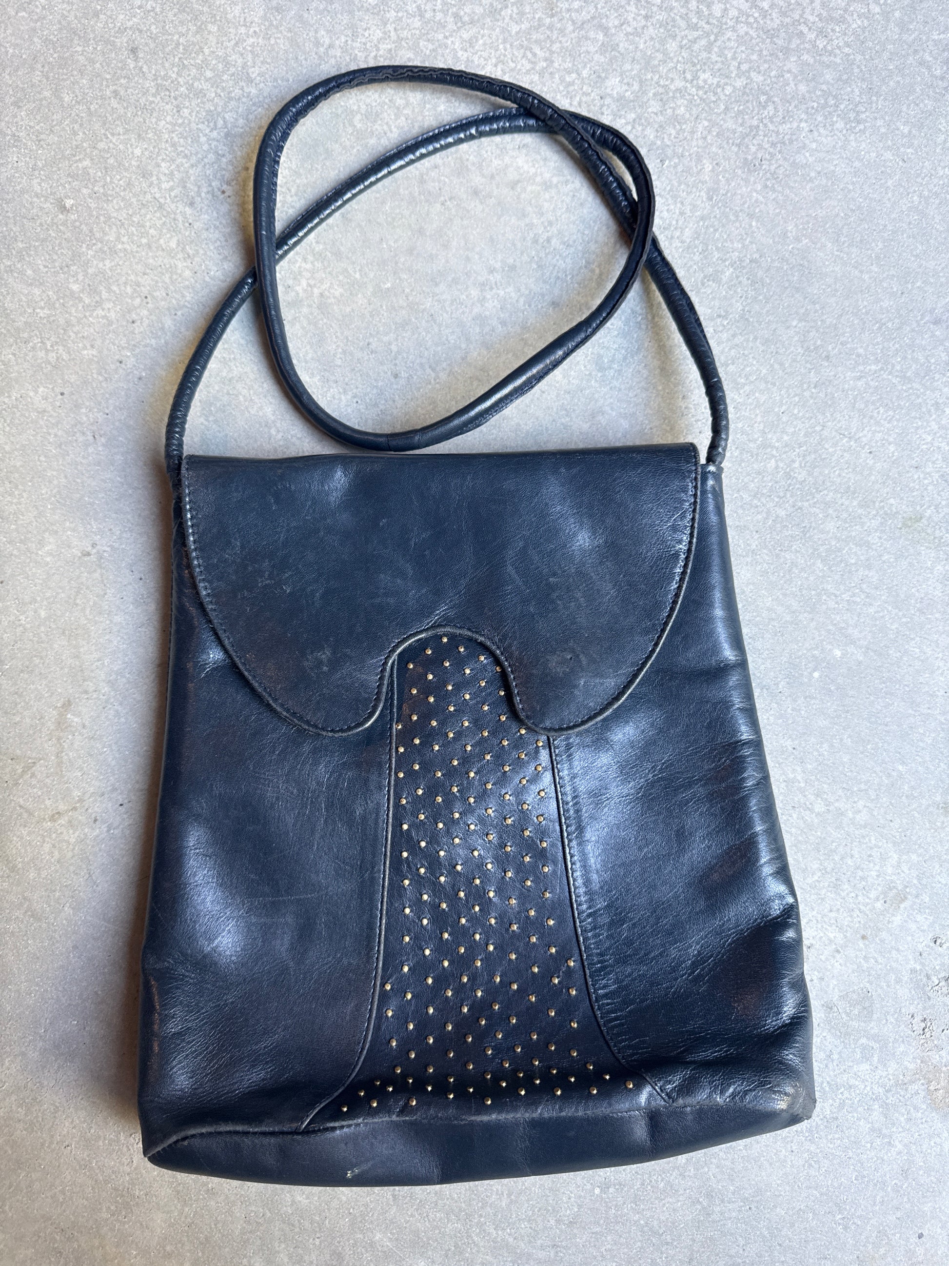 80s Studded Navy Blue Leather Shoulder Bag