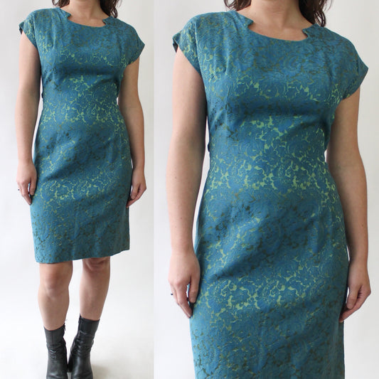 60s Blue and Green Jaquard Dress
