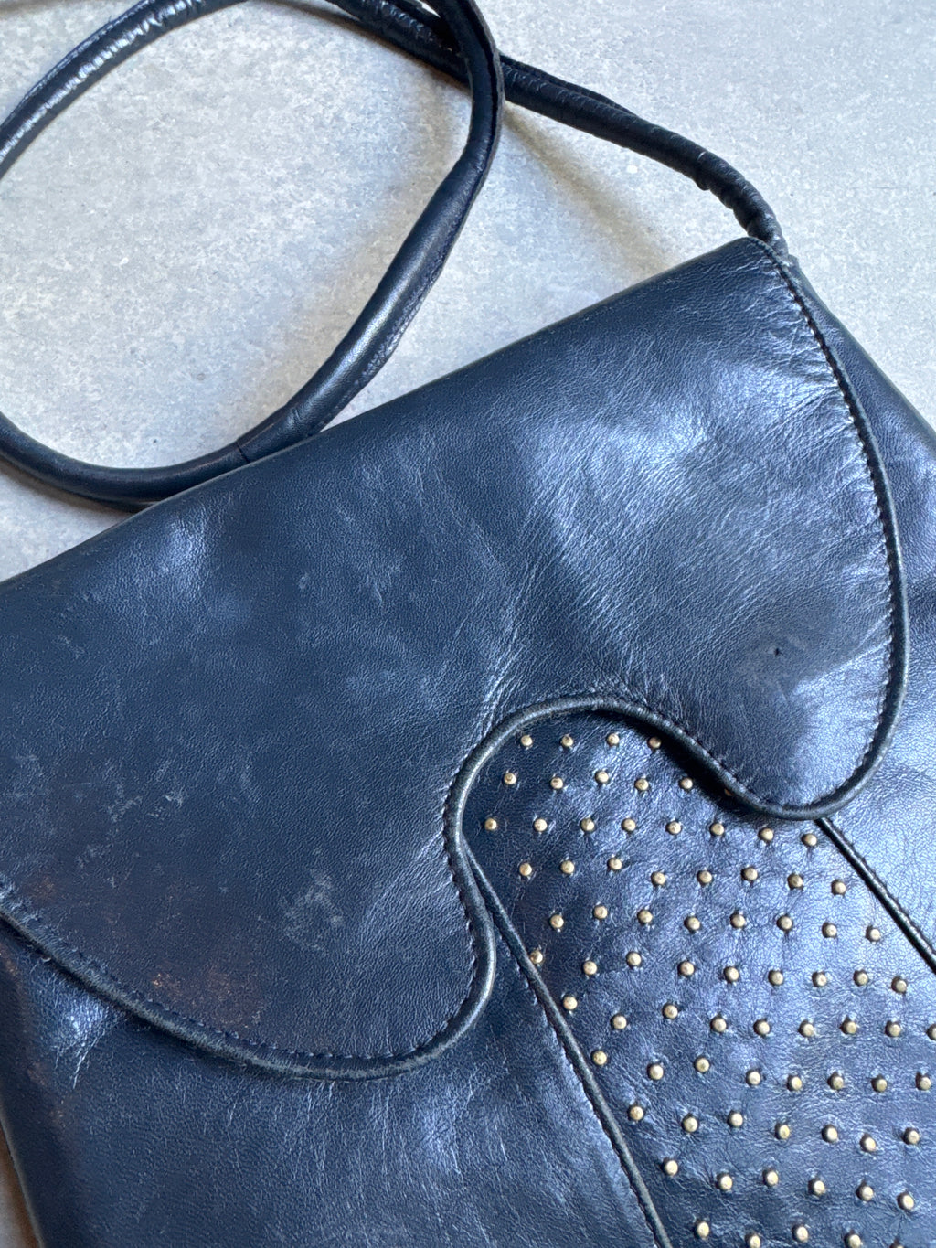 80s Studded Navy Blue Leather Shoulder Bag
