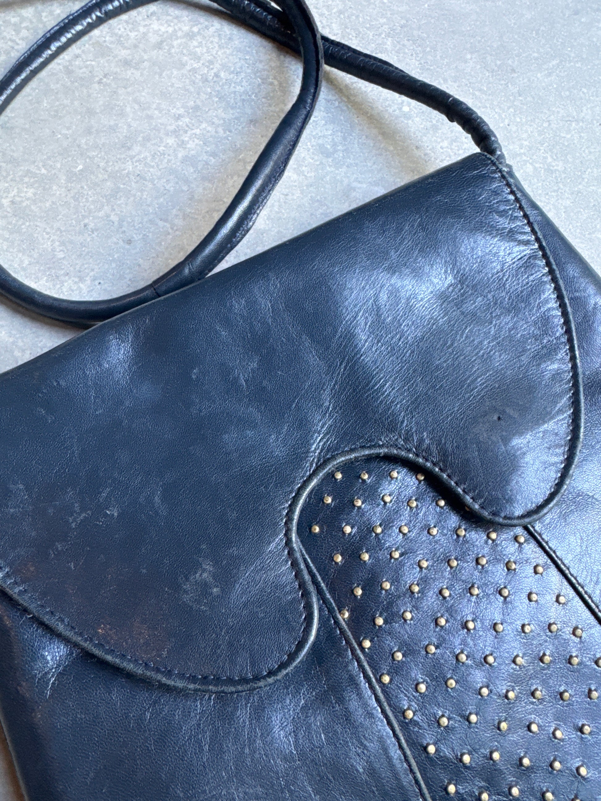 80s Studded Navy Blue Leather Shoulder Bag