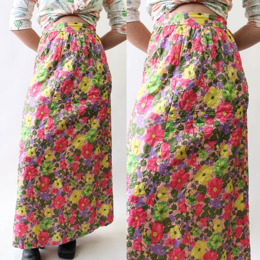 70s Springy Floral Quilted Maxi Skirt