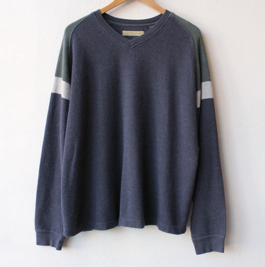 90s V Neck Brother Sweater with Striped Sleeve