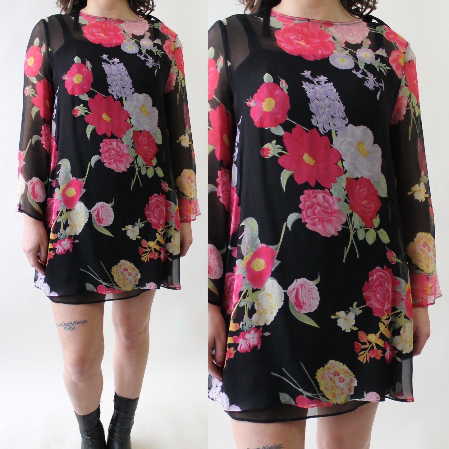 90s Sheer Silk Floral Mini Dress with Bows