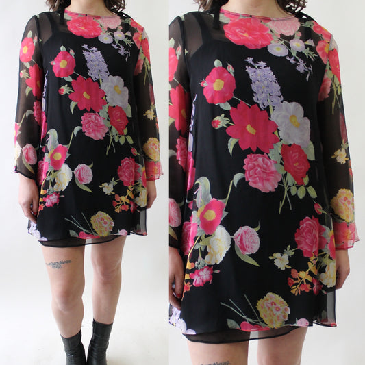 90s Sheer Silk Floral Mini Dress with Bows