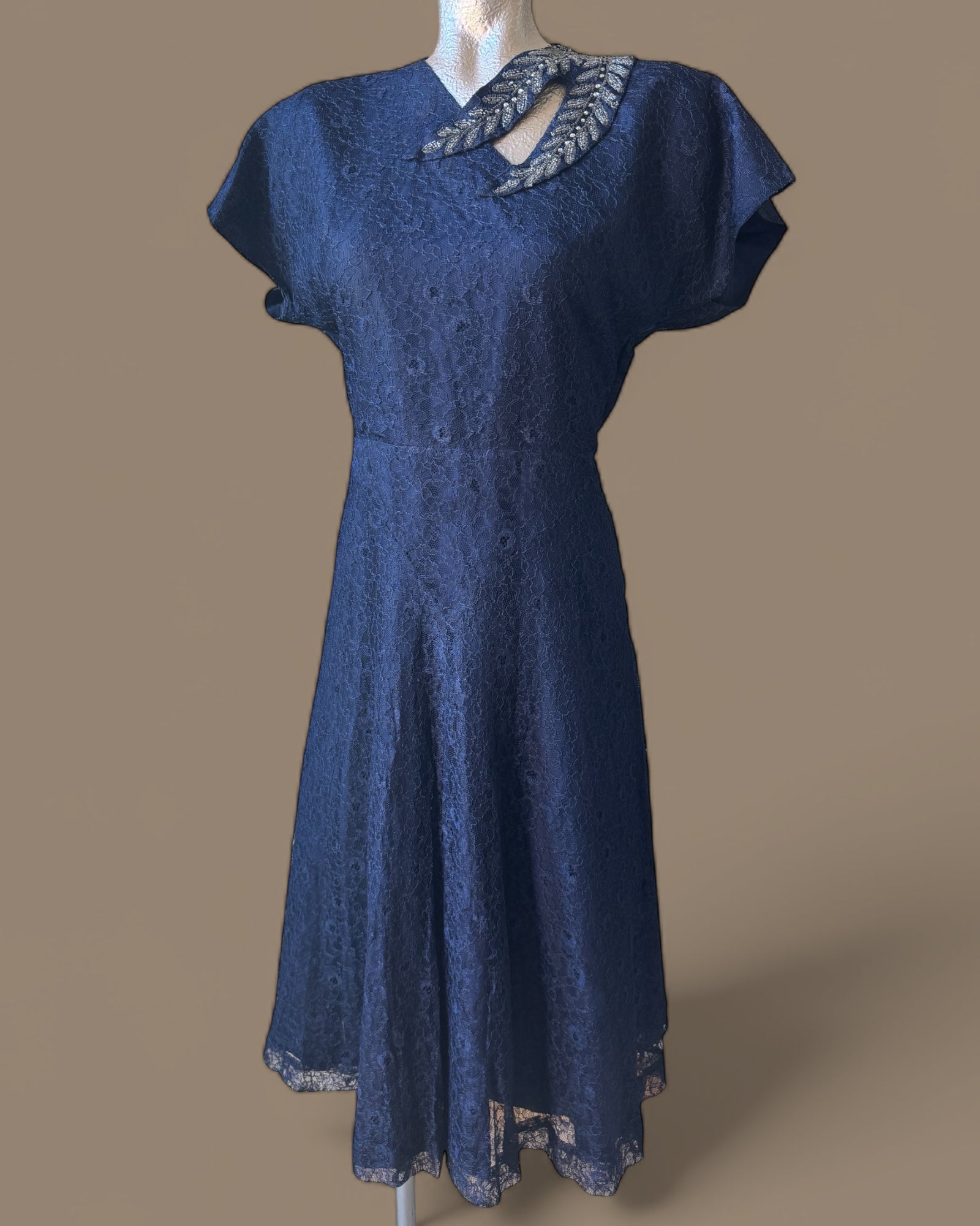 50s Handmade Navy Lace Dress with Beaded Embellishment