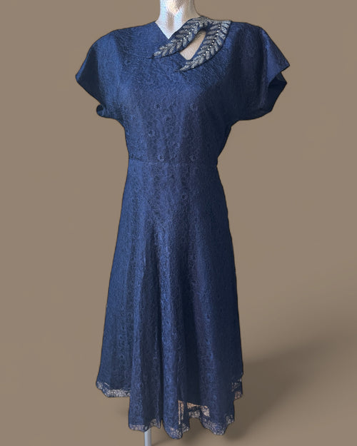 50s Handmade Navy Lace Dress with Beaded Embellishment