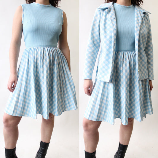 60s Baby Blue Gingham Dress & Jacket Set