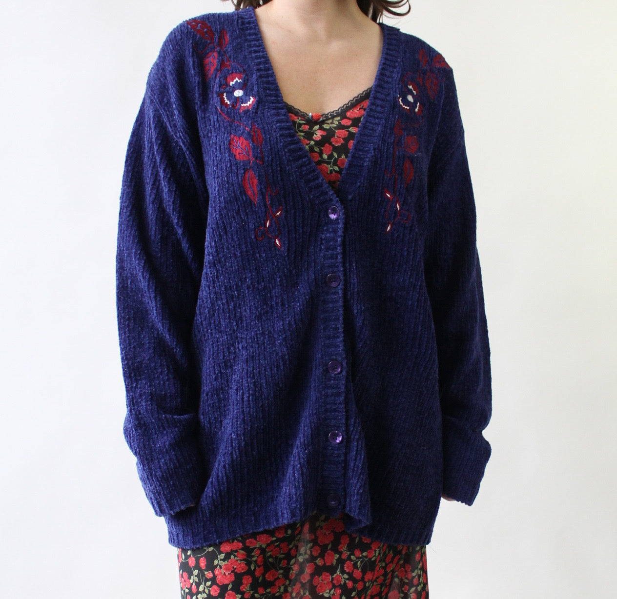 90s Navy Chenille Cardigan with Floral