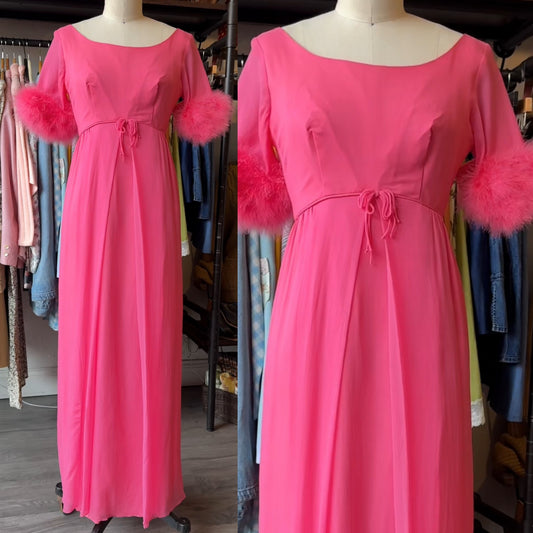 60s Pink Chiffon Party Dress with Feather Trim