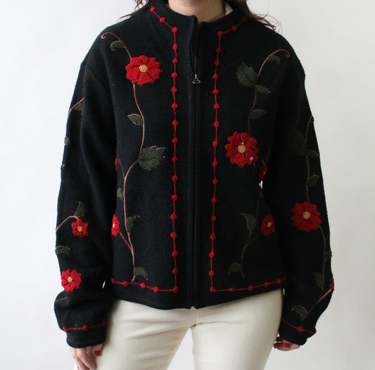 90s Wool Zip Up Cardigan with Flowers