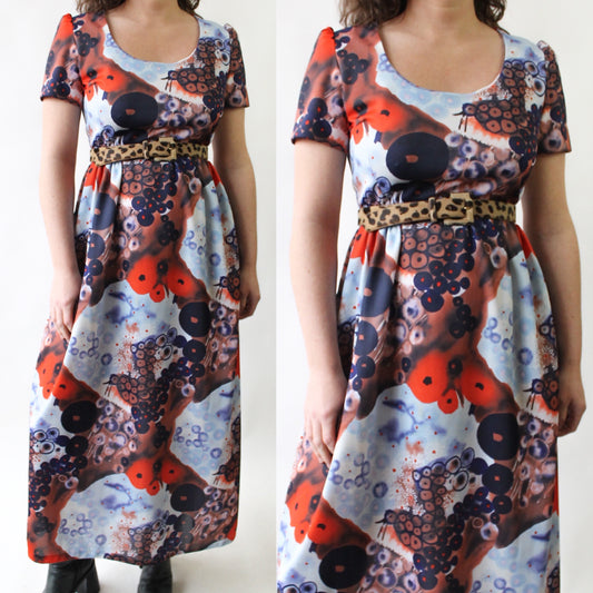 70s Poly Op Art Floral Maxi Dress