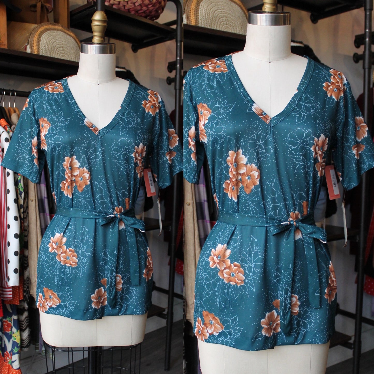 80s Deadstock Green Floral Poly Top with Belt