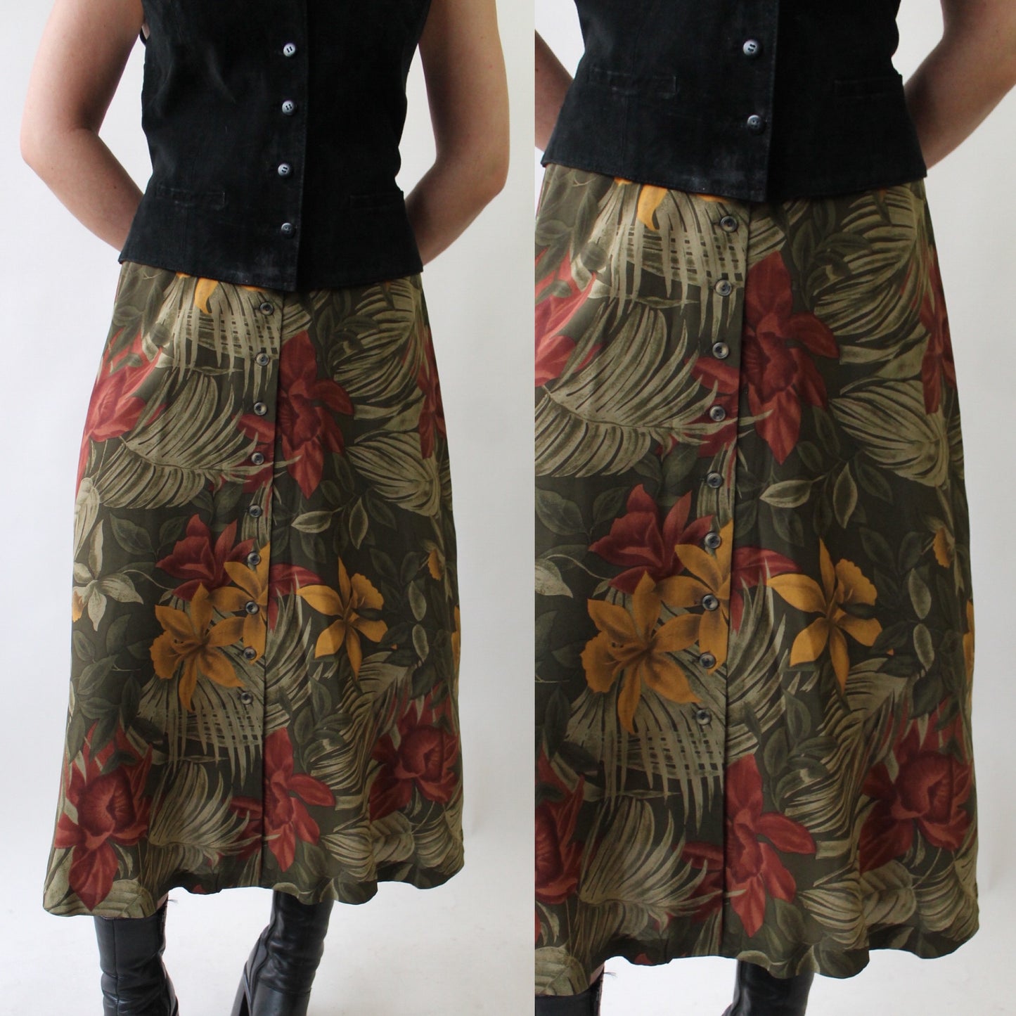 90s Muted Tropical Print Silk Skirt