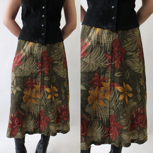 90s Muted Tropical Print Silk Skirt