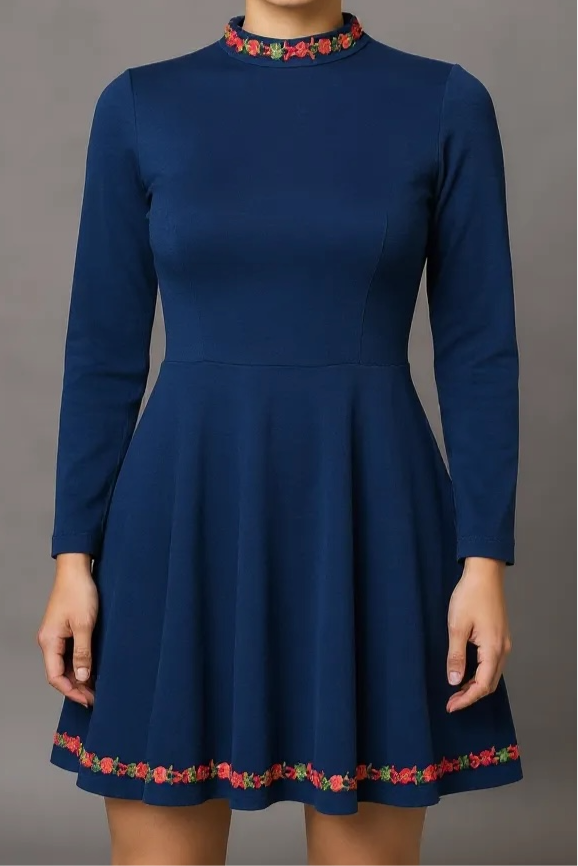 60s Handmade Fall Mini Dress with Flower Trim