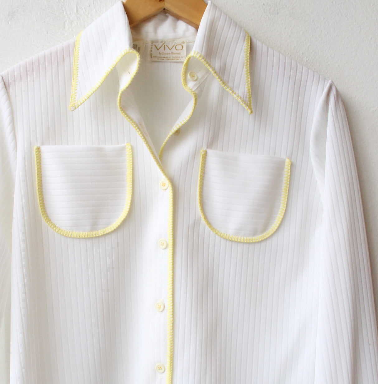60s White Poly Button Up with Yellow Trim