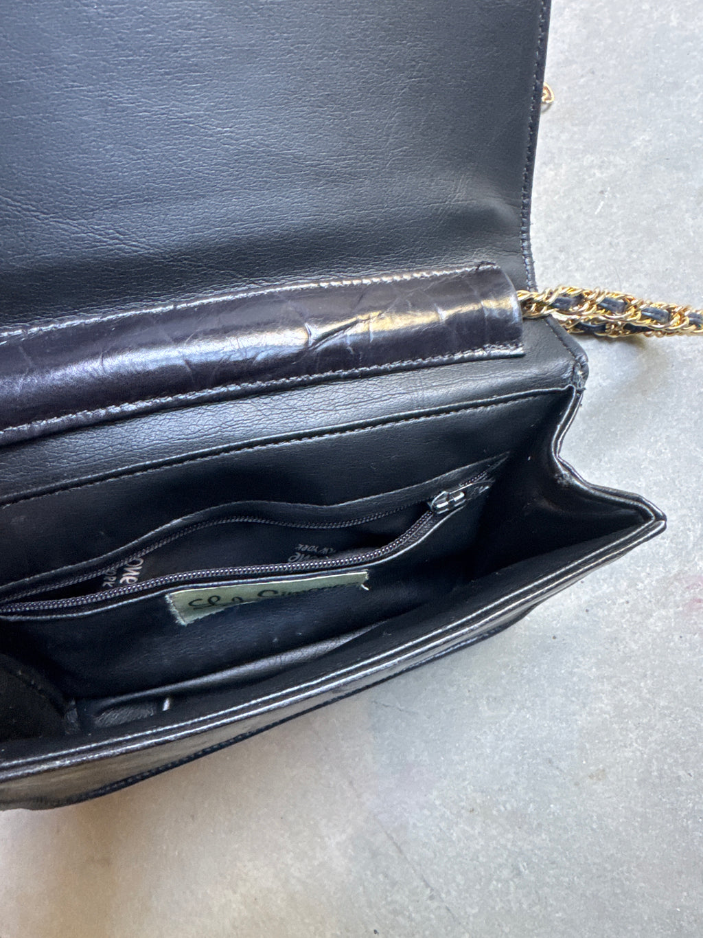 80s Black Embossed Leather Purse with Gold Chain Strap
