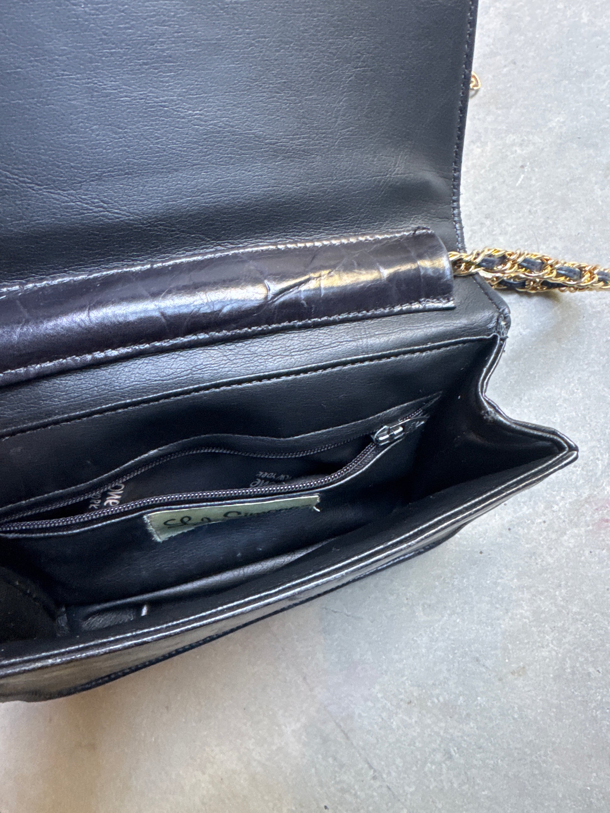 80s Black Embossed Leather Purse with Gold Chain Strap