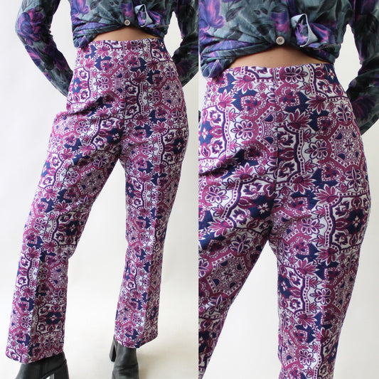 70s Poly Tapestry Look Purple Pants