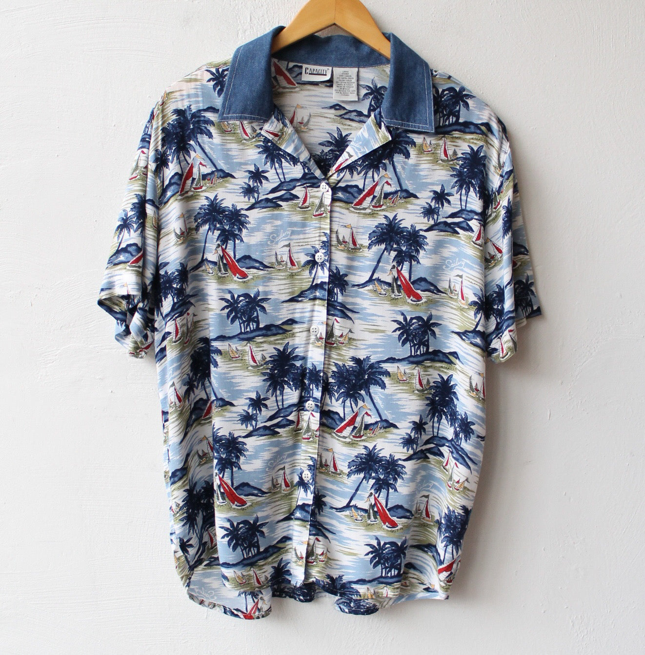 90s Sailboats Tropical Shirt with Denim Collar