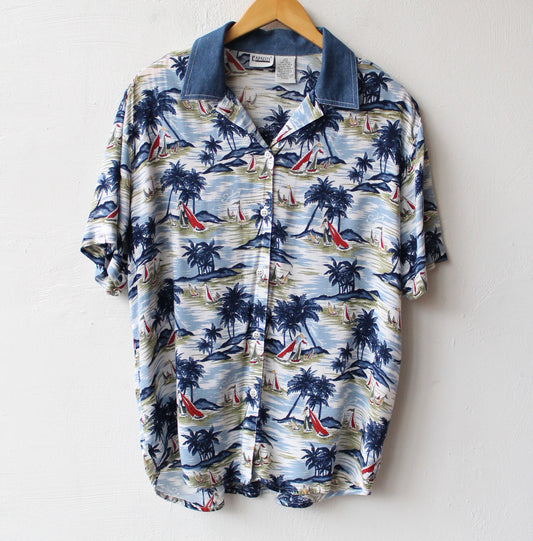 90s Sailboats Tropical Shirt with Denim Collar