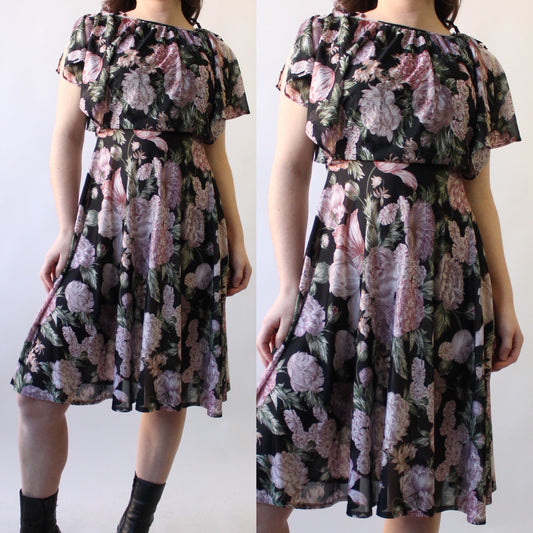 70s Sheer Floral Flutter Sleeve Dress